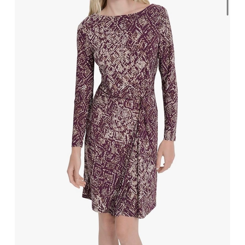DKNY Womens Long Sleeve Jewel Neck Mini Twist Front Detail Mini Dress Faux Wrap